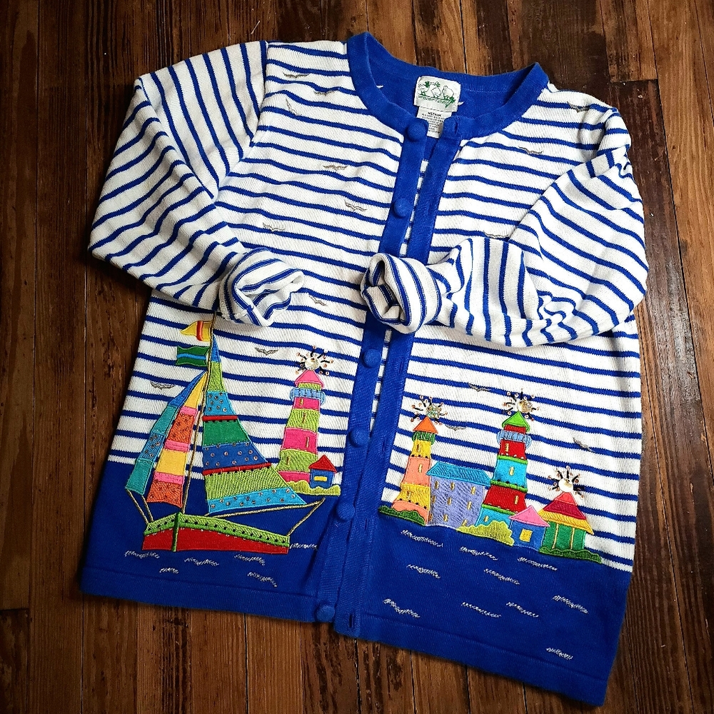 The Quaker Factory Size M Sailboat Cardigan Vintage